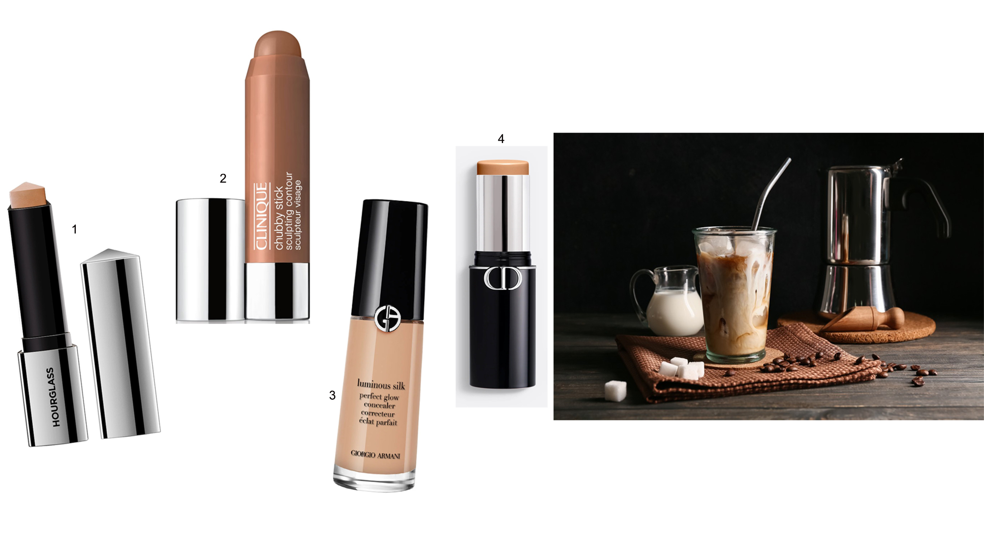 cà phê - highlight và phấn tạo khối của thương hiệu Hourglass, Clinique, Giorgio Armani và Dior