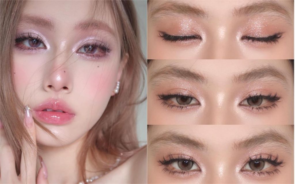 douyin - cô gái tóc nâu selfie và trang điểm mắt với phấn nhũ