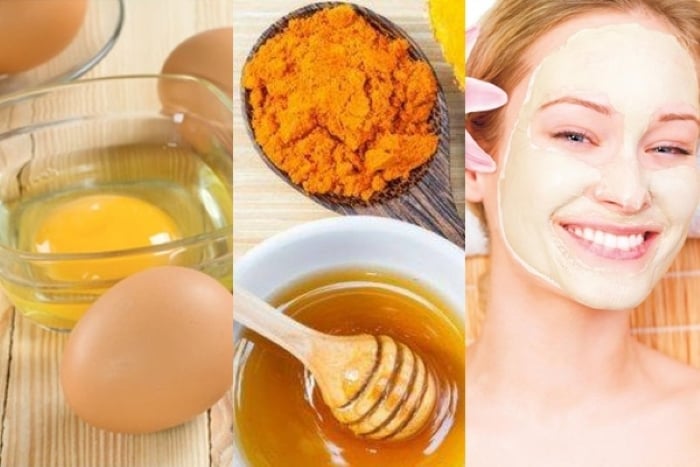 Sự kết hợp giữa tinh bột nghệ với lòng đỏ trứng gà vừa có tác dụng trị mụn vừa giúp da căng bóng, hồng hào.