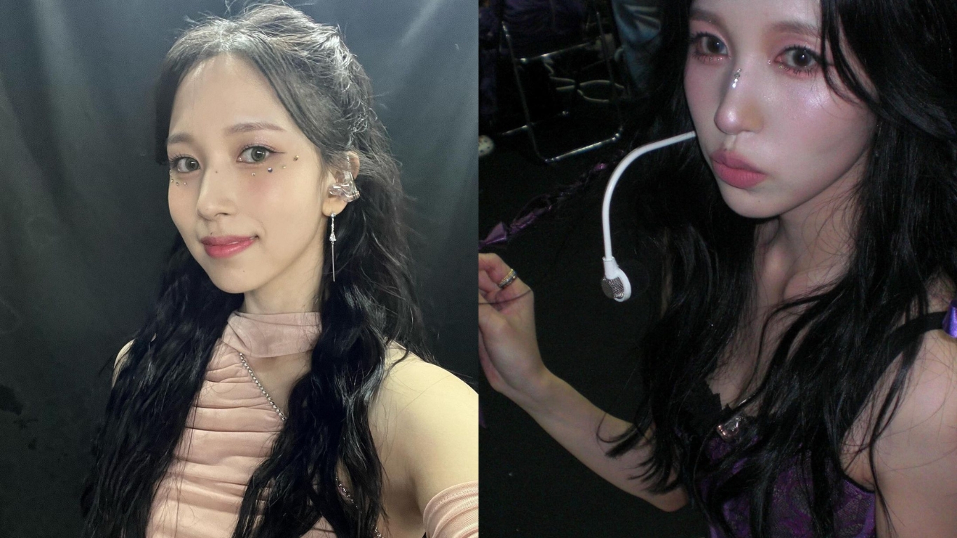 twice - Mina tạo kiểu cột tóc nửa đầu và trang điểm kiểu đính đá để selfie