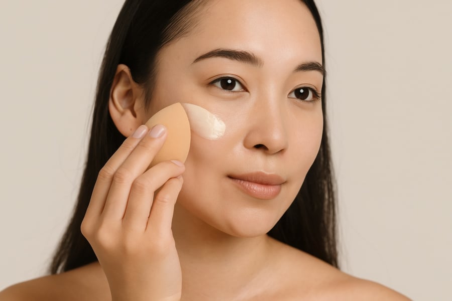 Dùng mút trang điểm giúp kem chống nắng thấm đều mà không làm trôi lớp nền.