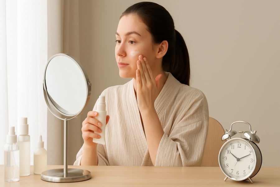 Đừng bỏ qua bước bôi kem chống nắng đầu ngày – “lá chắn” tối ưu giúp bảo vệ làn da và giữ lớp trang điểm bền đẹp suốt ngày dài.