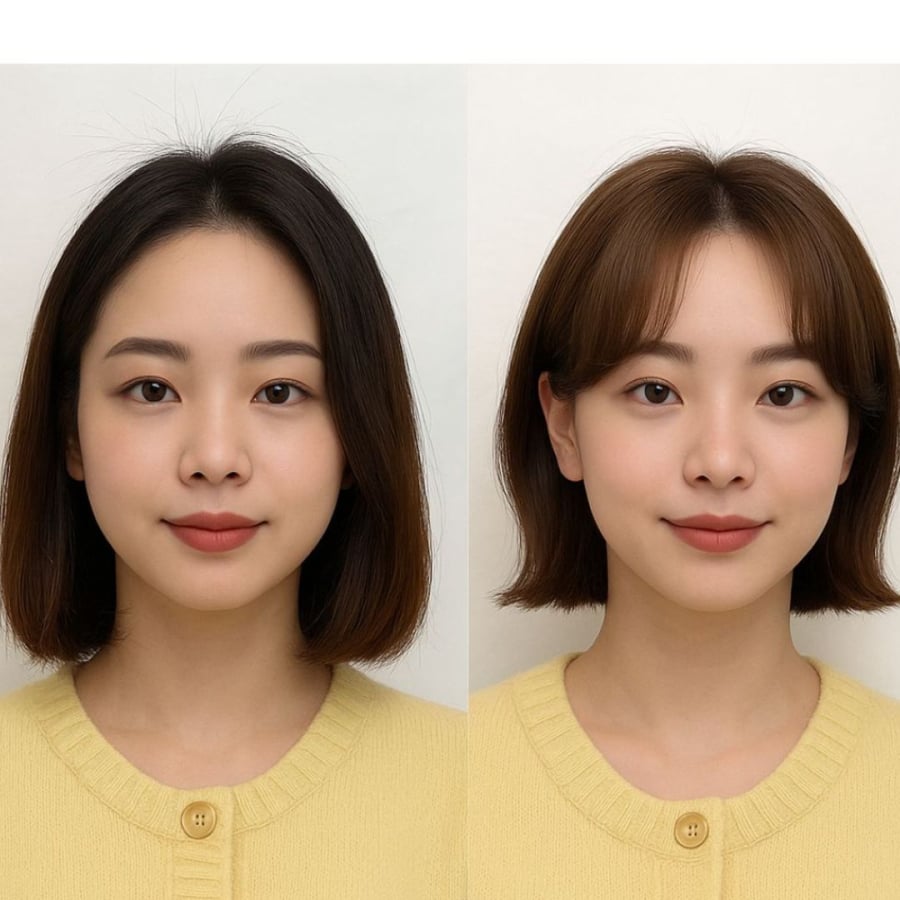 Tóc ngắn ngôi giữa thường gây cảm giác chững chạc nên tạo mái lệch hoặc cắt ngắn hơn